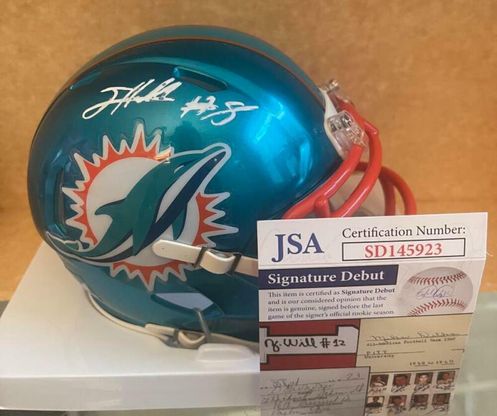 JEVON HOLLAND MIAMI DOLPHINS SIGNED FLASH MINI HELMET SIGNATURE DEBUT JSA