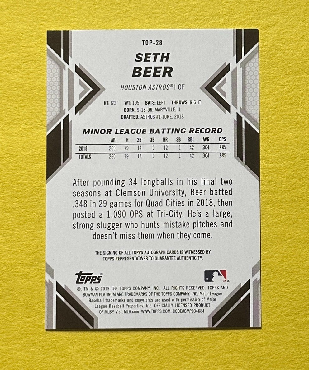 2019 BOWMAN PLATINUM SETH BEER AUTO #TOP-28 ASTROS