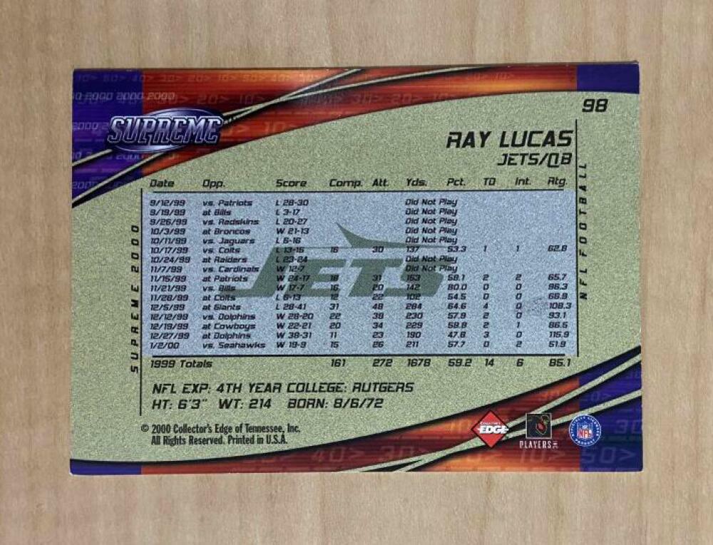 RAY LUCAS NEW YORK JETS SIGNED AUTOGRAPHED 2000 EDGE CARD #98 W/COA