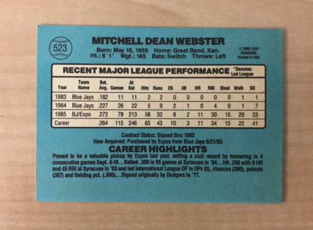 MITCH WEBSTER MONTREAL EXPOS SIGNED AUTOGRAPHED 1986 DONRUSS CARD #523 W/COA