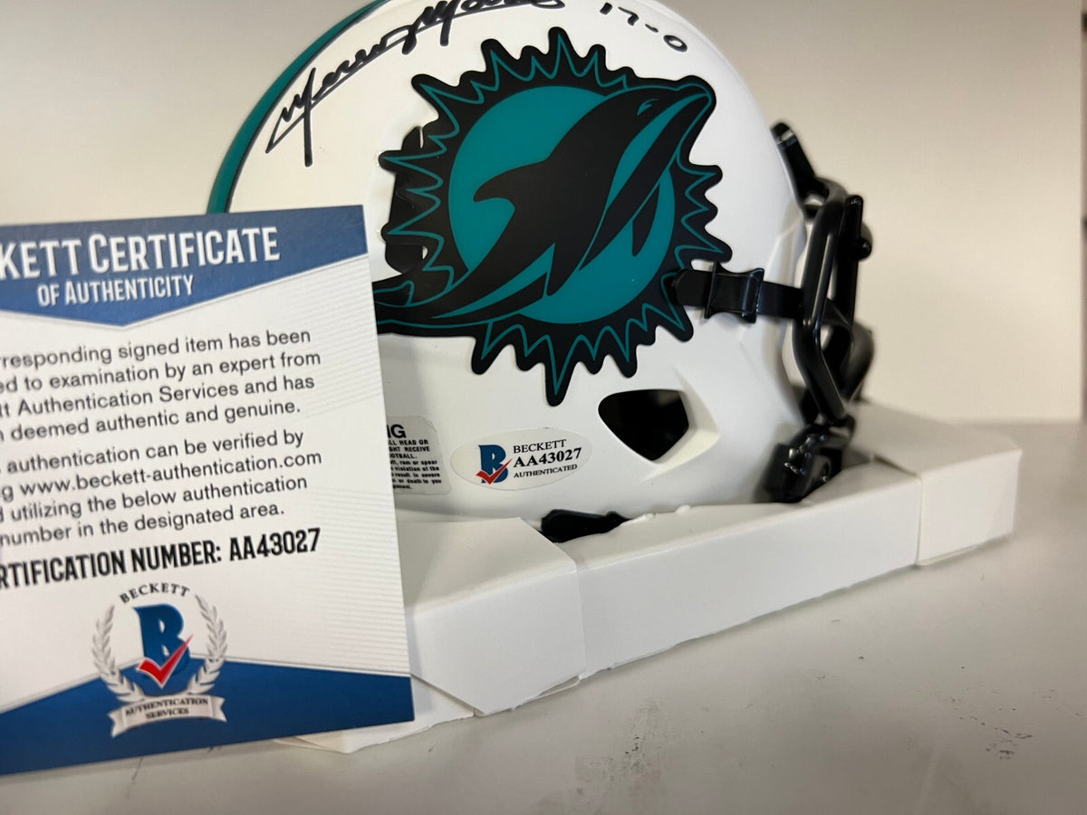 MERCURY MORRIS 17-0 MIAMI DOLPHINS SIGNED AUTOGRAPHED LUNAR MINI HELMET BECKETT