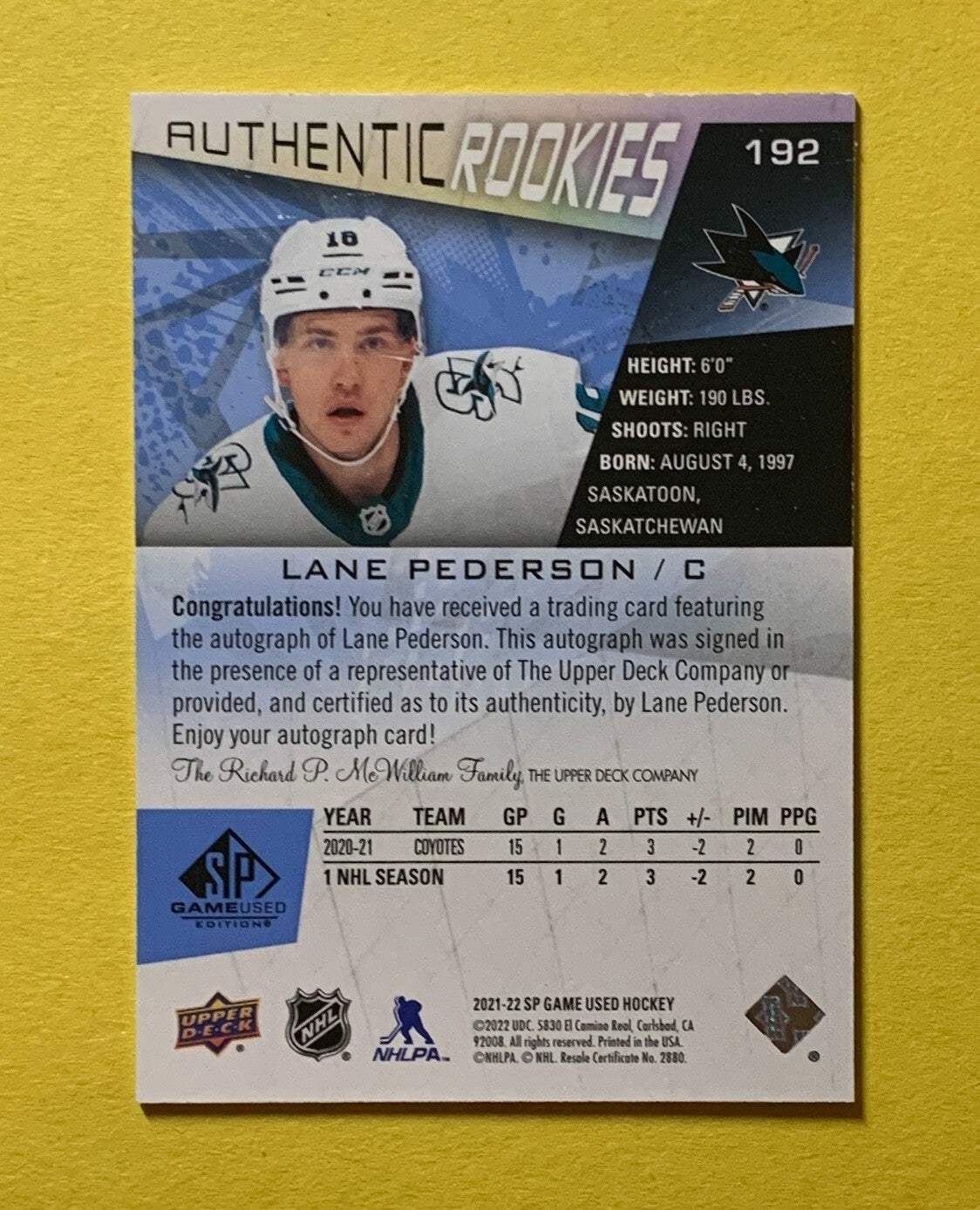 2021-22 UPPER DECK SP GAME USED LANE PEDERSON AUTHENTIC ROOKIES AUTO #192