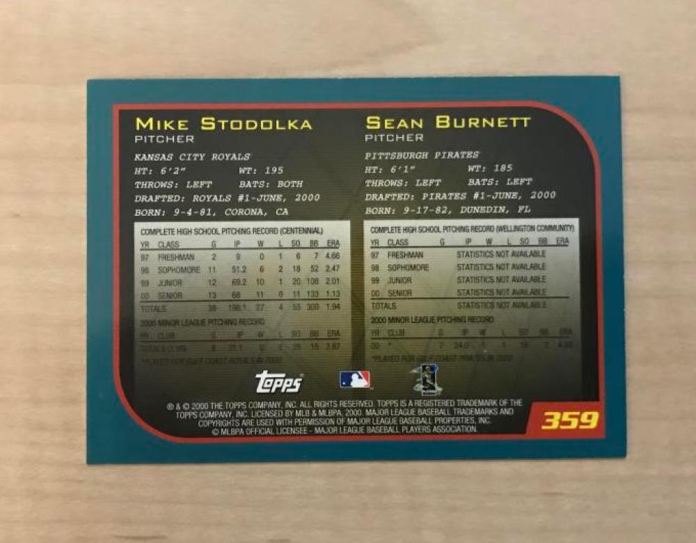 SEAN BURNETT PITTSBURGH PIRATES SIGNED AUTOGRAPHED 2001 TOPPS CARD #359 W/COA