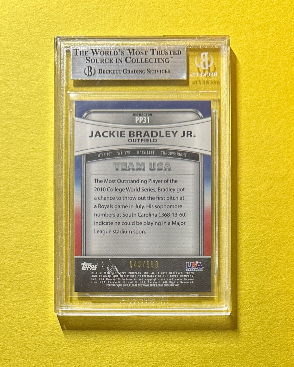 2020 BOWMAN PLATINUM JACKIE BRADLEY JR REFRACTOR /999 #PP31 BGS MINT 9