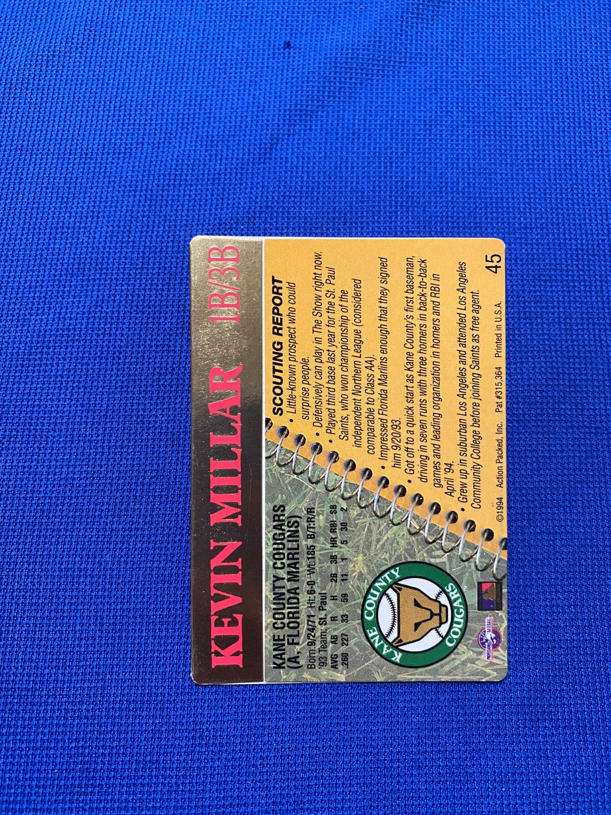 1994 ACTION PACKED KEVIN MILLAR RED SOX MARLINS SIGNED AUTOGRAPH #45 CARD W/COA