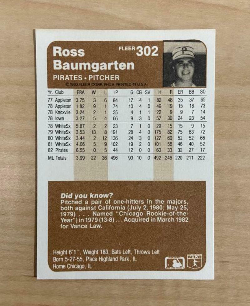 ROSS BAUMGARTEN PITTSBURGH PIRATES SIGNED AUTOGRAPHED 1983 FLEER CARD #302 W/COA