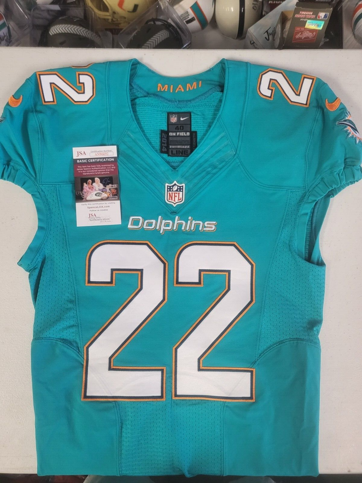 T.J. MCDONALD #22 MIA DOLPHINS SIGNED AUTO TEAM ISSUED 2014 ON FIELD JERSEY JSA