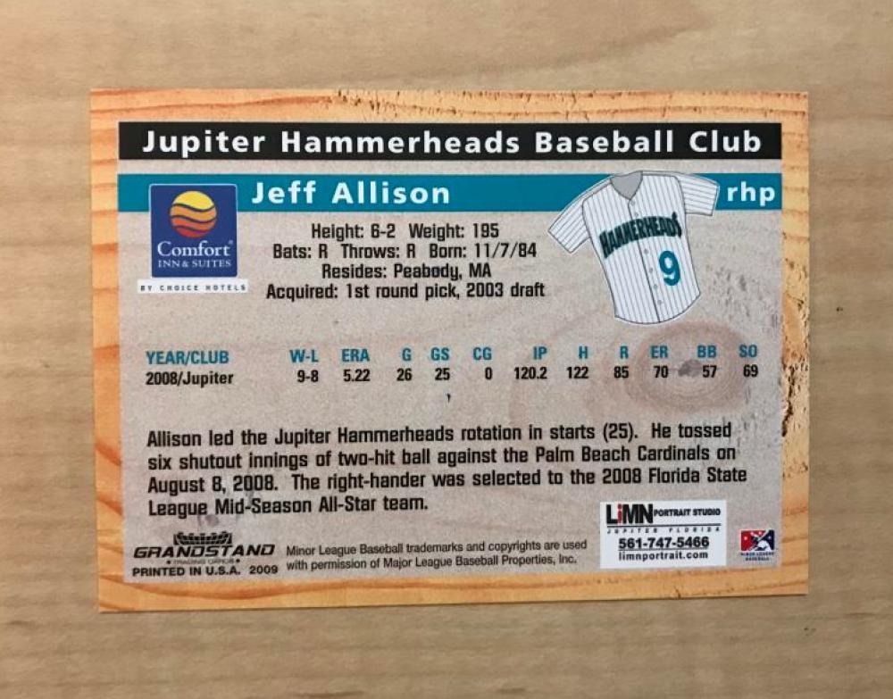 JEFF ALLISON JUPITER HAMMERHEADS SIGNED 2009 GRANDSTAND CARD #9 W/COA