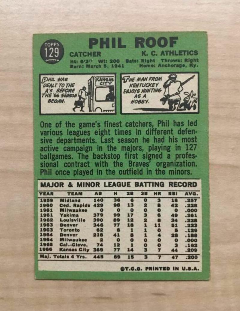 PHIL ROOF OAKLAND ATHLETICS SIGNED AUTOGRAPHED 1967 TOPPS CARD #129 W/COA