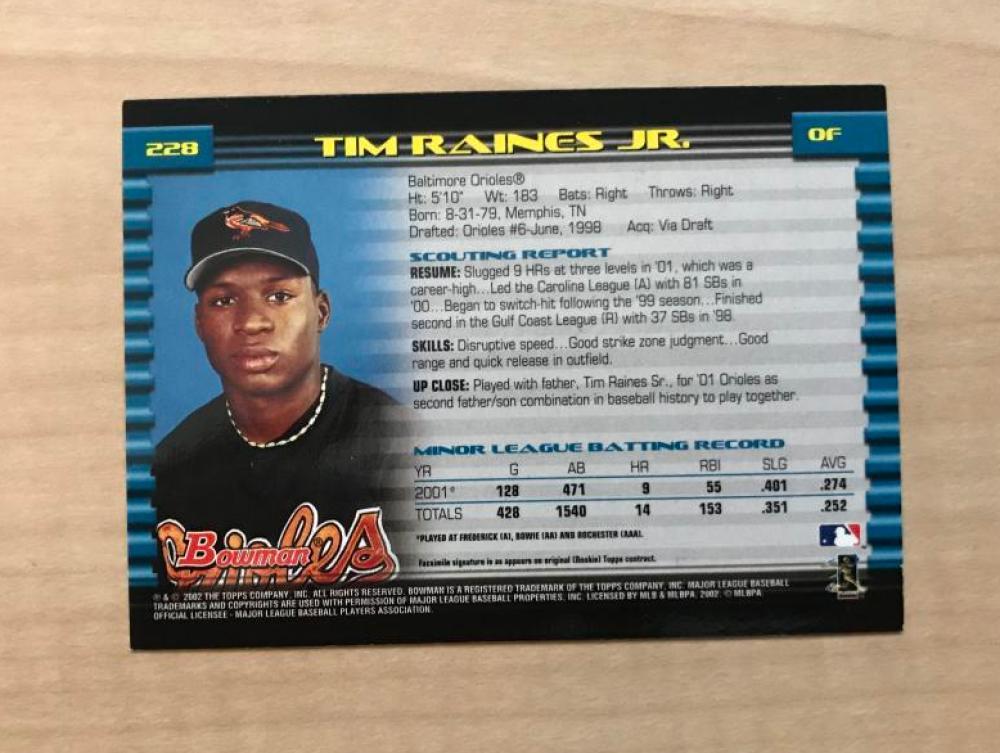 TIM RAINES JR BALTIMORE ORIOLES SIGNED AUTOGRAPHED 2002 BOWMAN CARD #228 W/COA