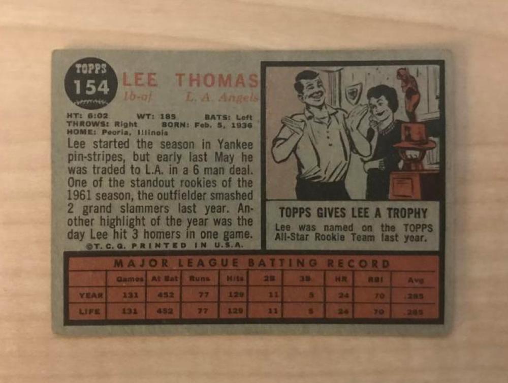 LEE THOMAS LOS ANGELES ANGELS SIGNED VINTAGE 1962 TOPPS CARD #154 W/COA