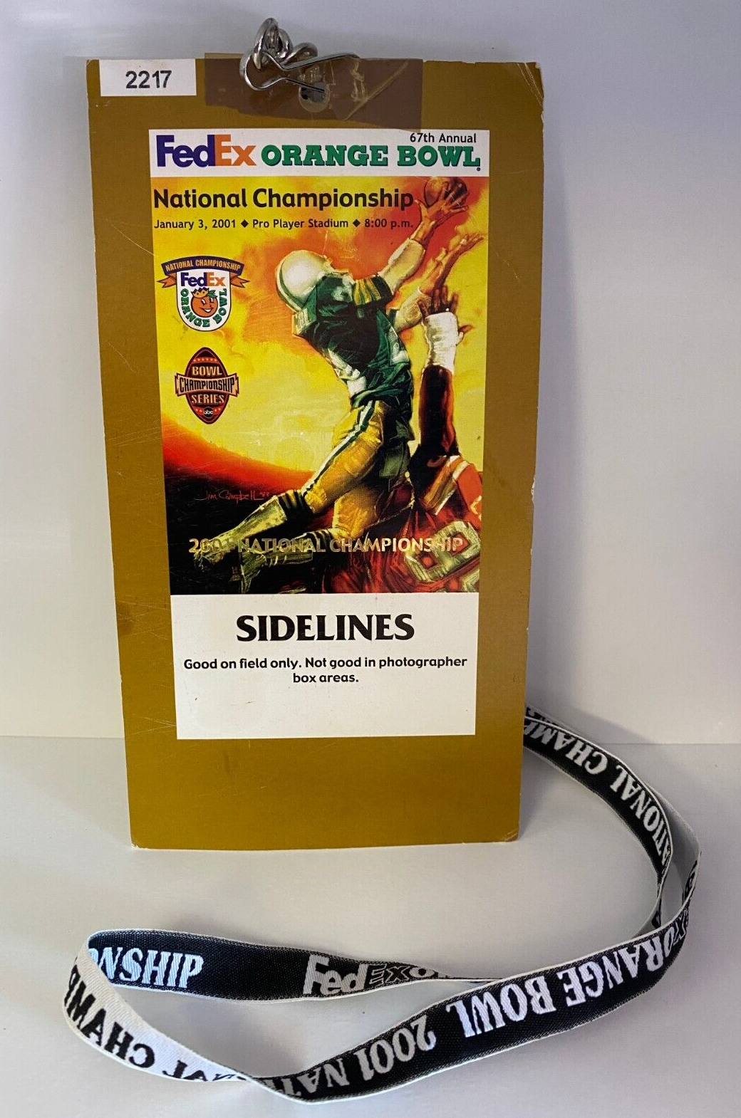 2001 FED EX ORANGE BOWL STADIUM OPERATIONS TICKET WITH LANYARD RARE