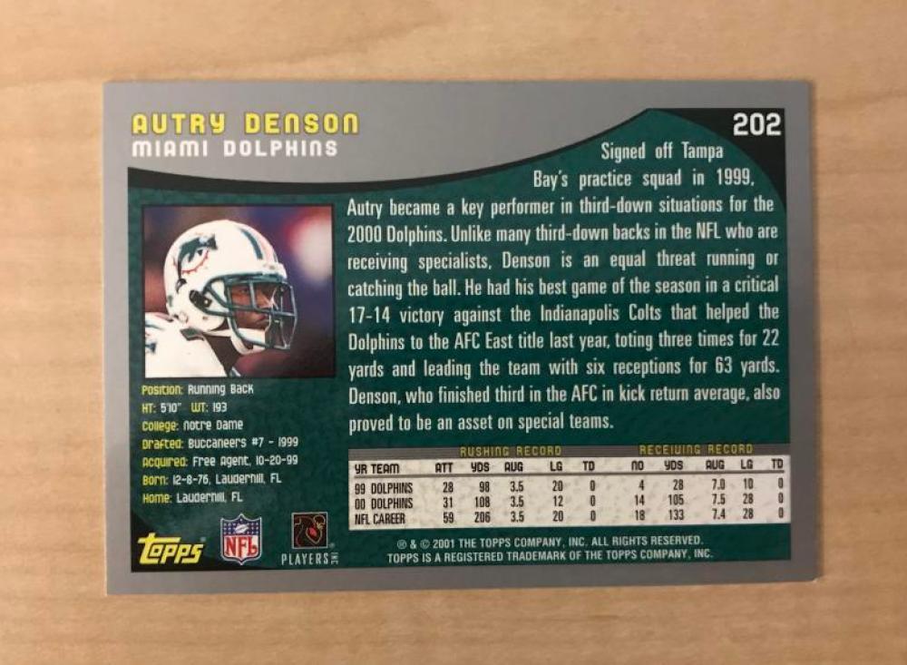 AUTRY DENSON MIAMI DOLPHINS SIGNED AUTOGRAPHED 2001 TOPPS CARD #202 W/COA