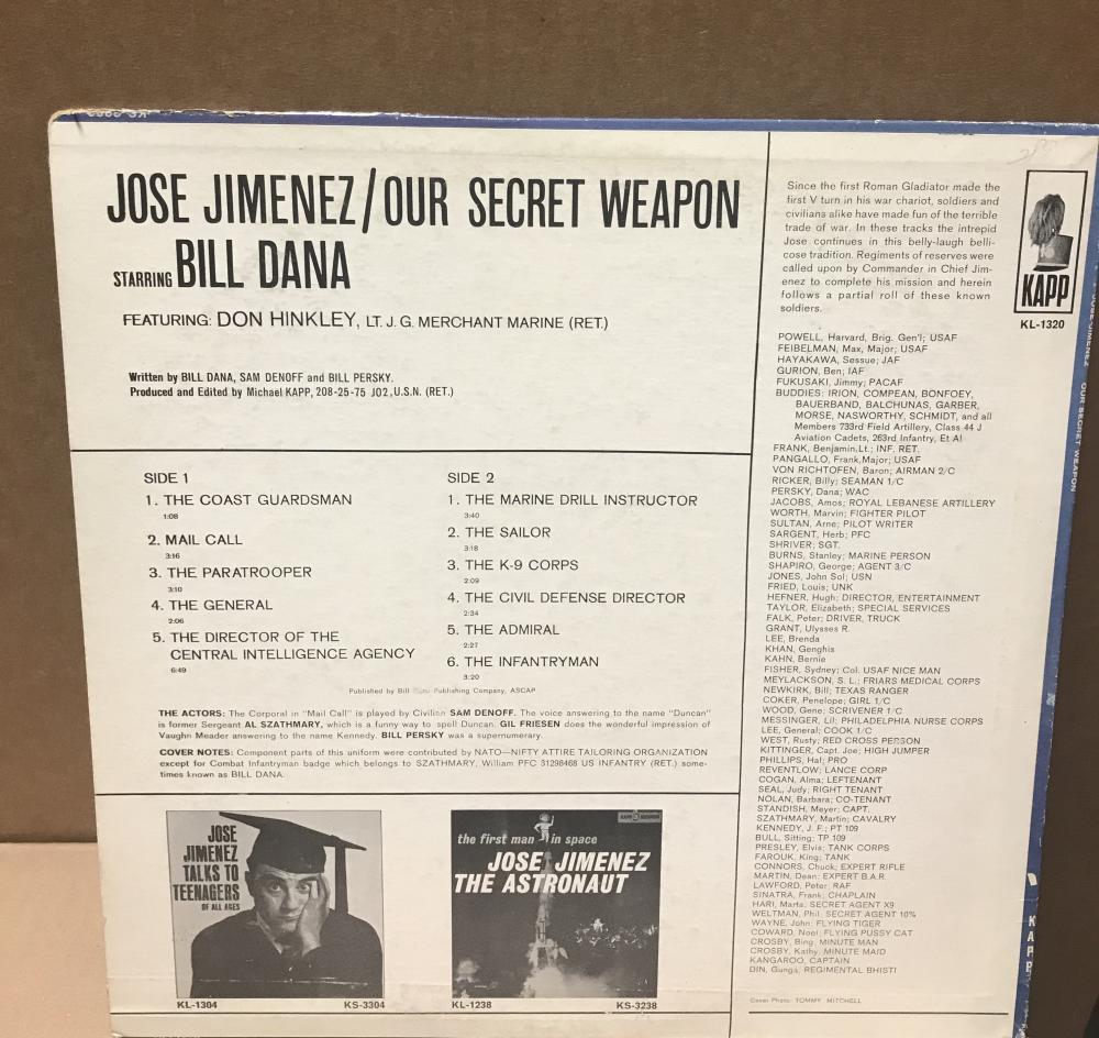 JOSE JIMENEZ SIGNED BY BILL DANA DECEASED SIGNED VINYL LP RECORD W/COA
