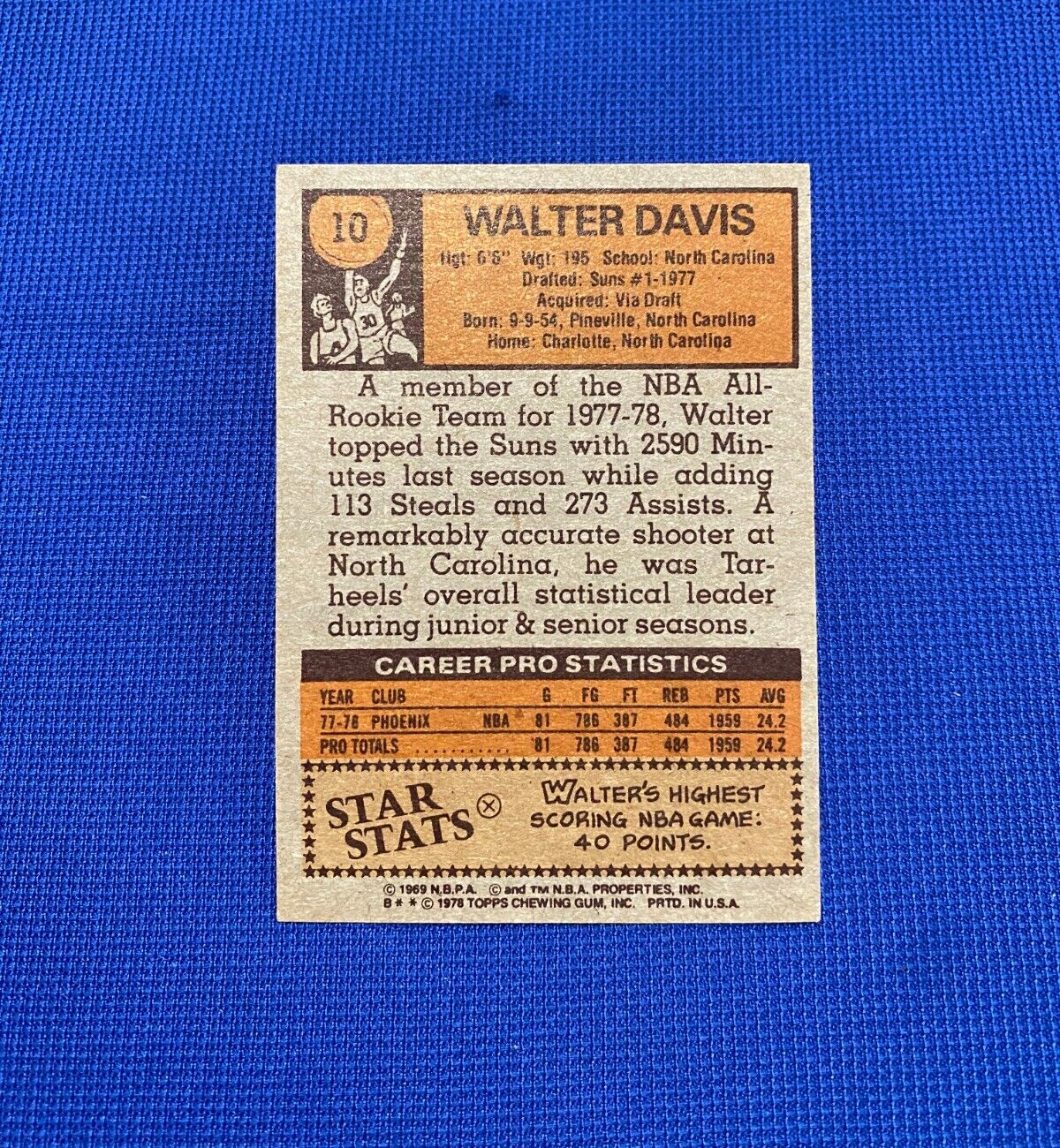 1978 TOPPS WALTER DAVIS PHOENIX SUNS 2ND TEAM ALL STAR #10 CARD VINTAGE