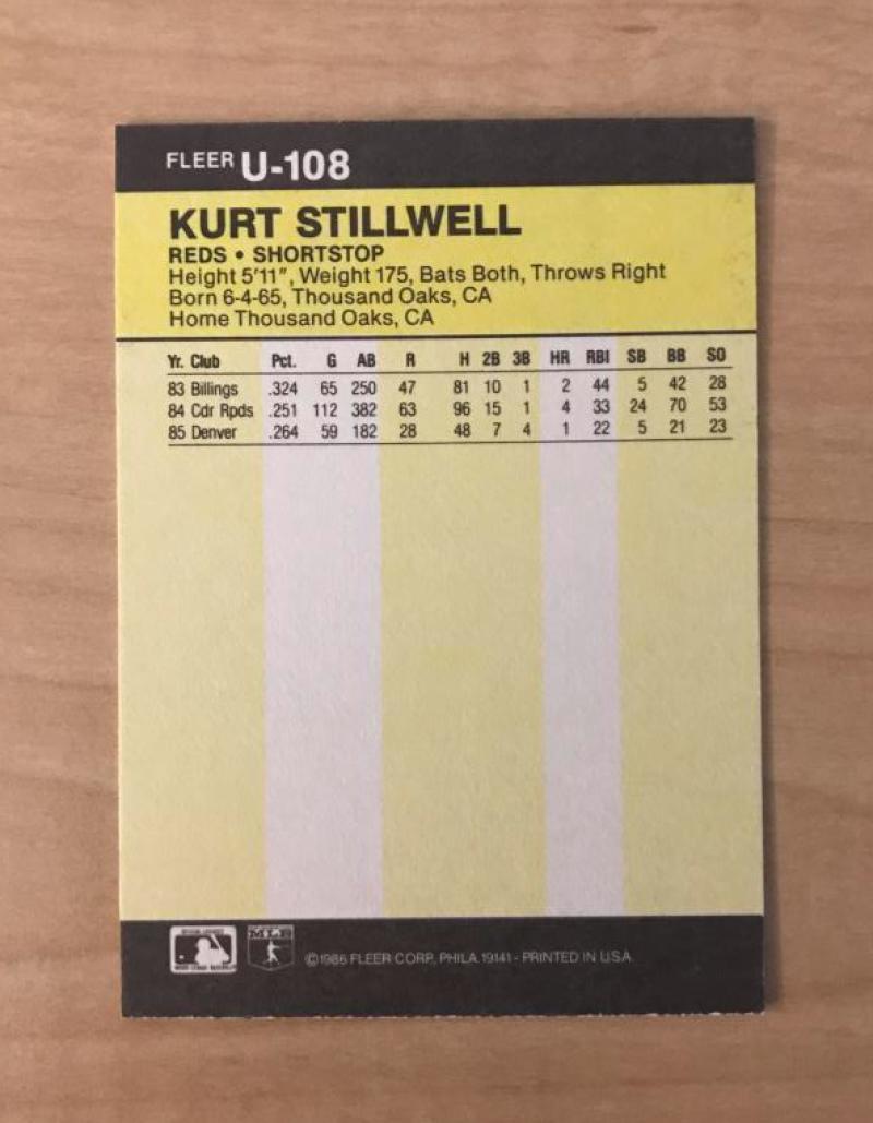 KURT STILLWELL CINCINNATI REDS AUTOGRAPHED 1986 FLEER UPDATE CARD #108 W/COA