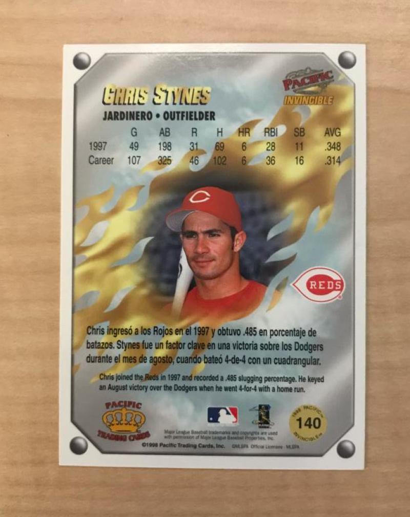 CHRIS STYNES CINCINNATI REDS SIGNED AUTOGRAPHED 1998 PACIFIC CARD #140 W/COA