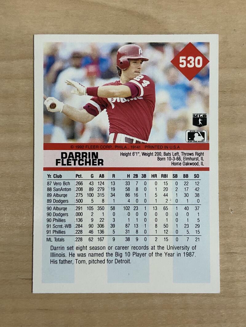 DARRIN FLETCHER PHILADELPHIA PHILLIES SIGNED 1992 FLEER CARD #530 W/COA