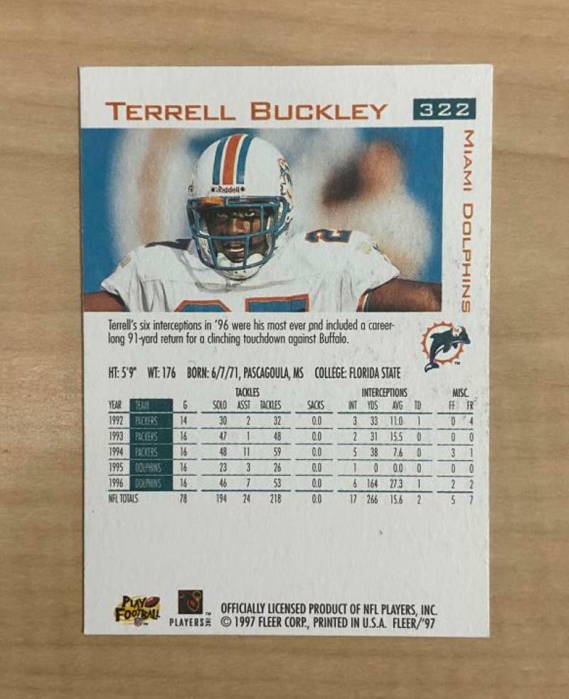 TERRELL BUCKLEY MIAMI DOLPHINS SIGNED AUTOGRAPHED 1997 FLEER CARD #322 W/COA