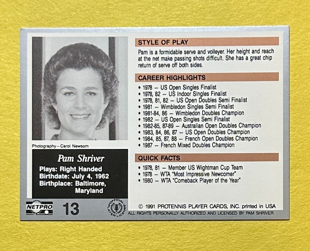 1991 NET PRO PAM SHRIVER SIGNED AUTOGRAPH CARD W/ COA #13 TENNIS