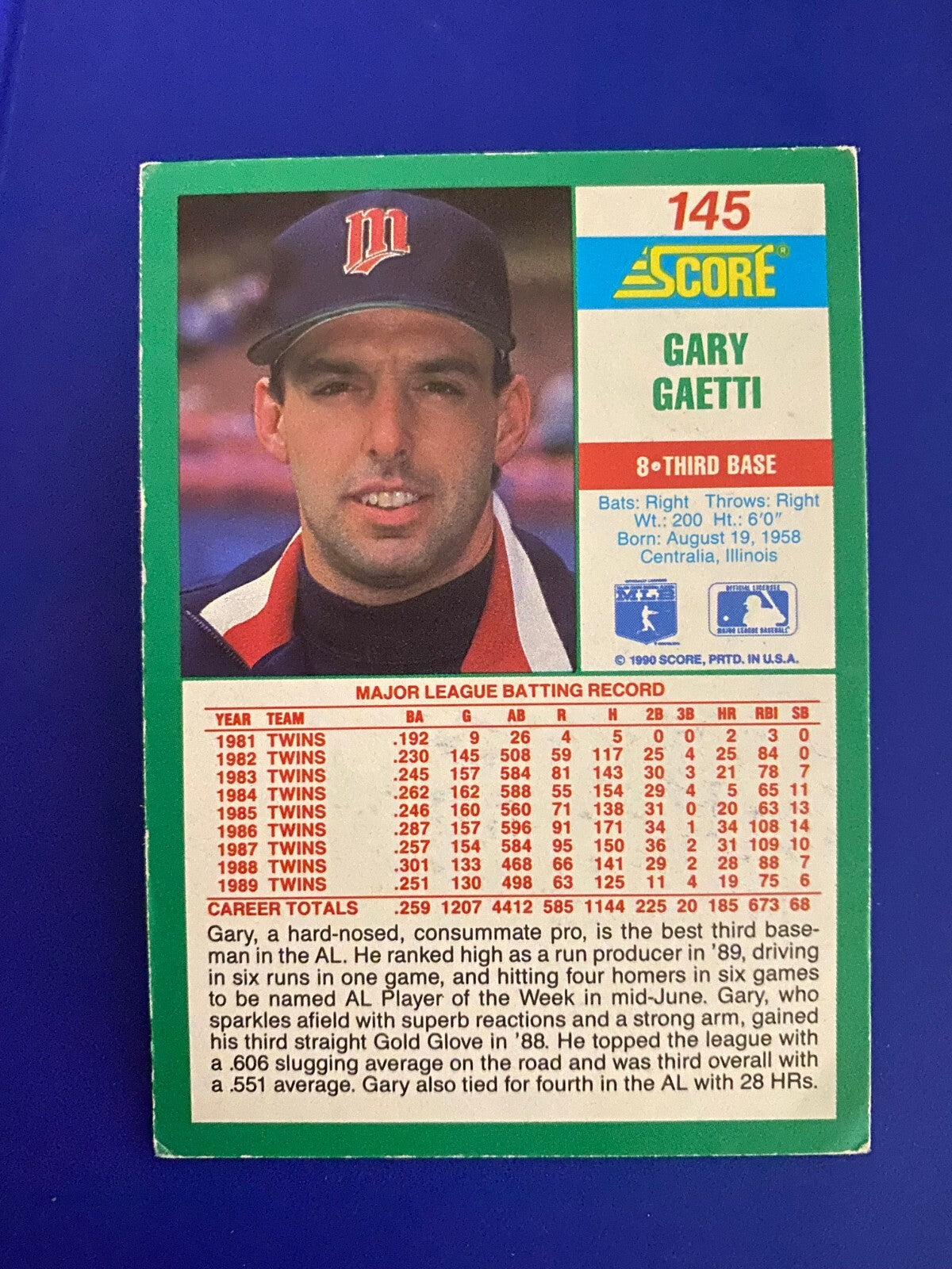1990 SCORE GARY GAETTI MINNESOTA TWINS SIGNED AUTOGRAPHED CARD #145 W/COA