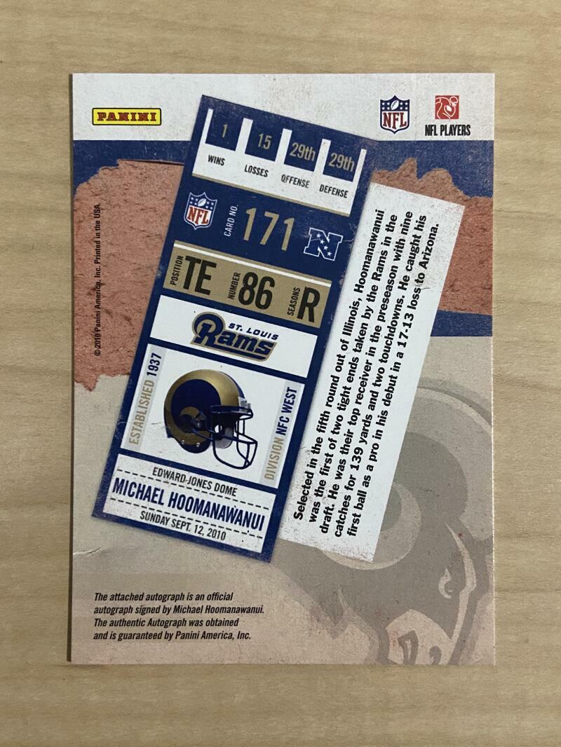 MICHAEL HOOMANAWANUI ST LOUIS RAMS SIGNED 2010 PLAYOFF CARD #171 W/COA