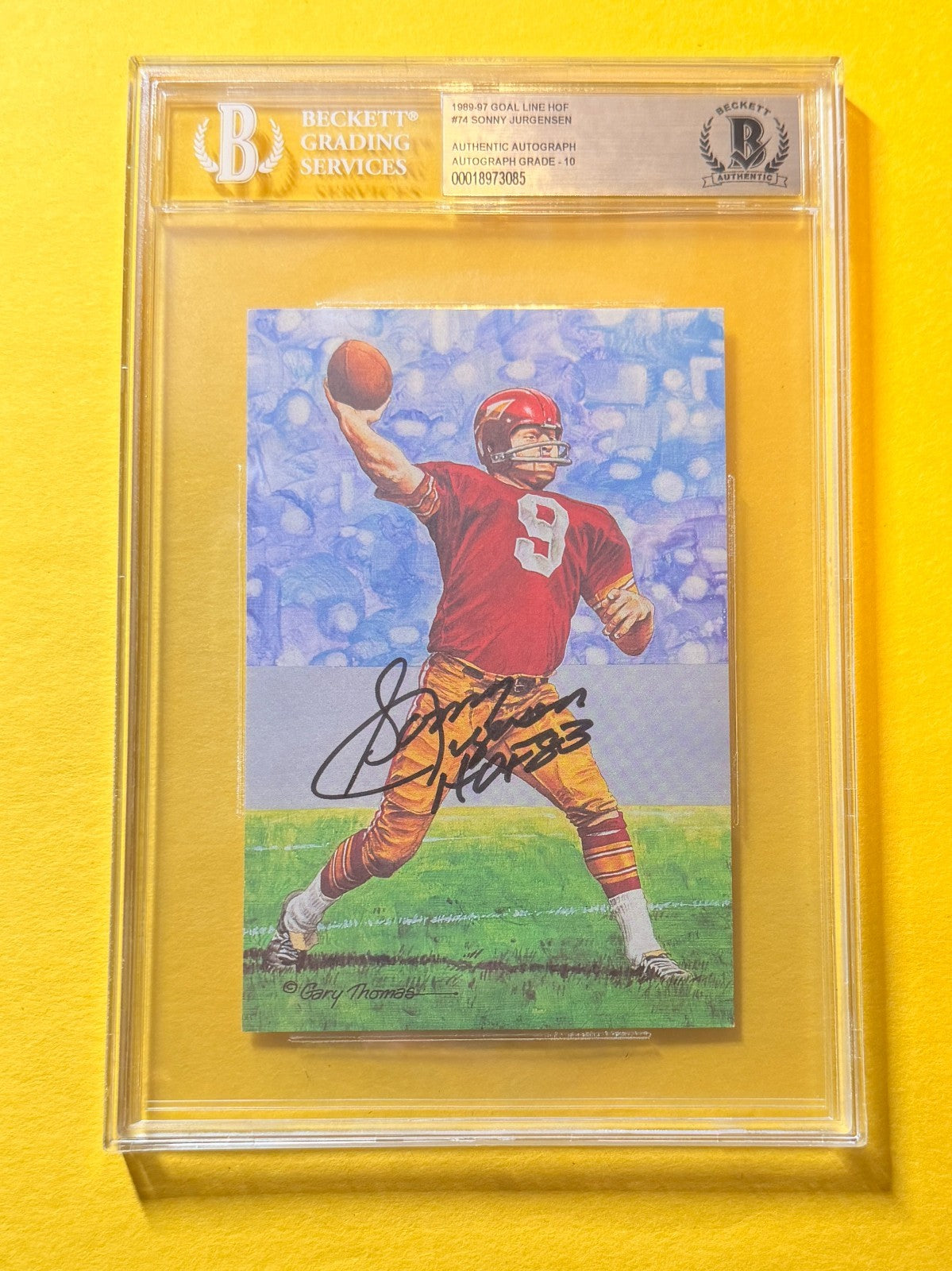 1989 GOAL LINE HOF SONNY JURGENSEN #74 SIGNED ART BECKETT AUTHENTIC 10 "HOF 83"