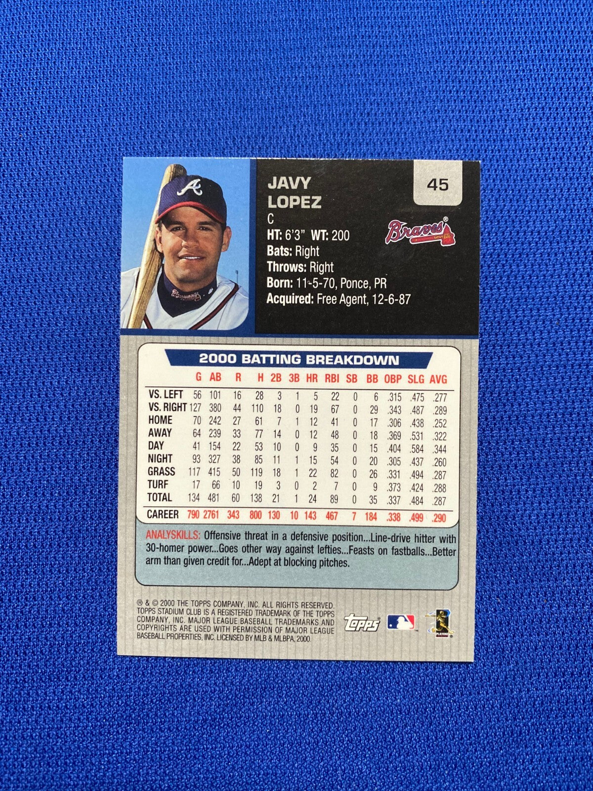2000 STADIUM JAVY LOPEZ ATLANTA BRAVES SIGNED AUTOGRAPHED #45 CARD W/COA