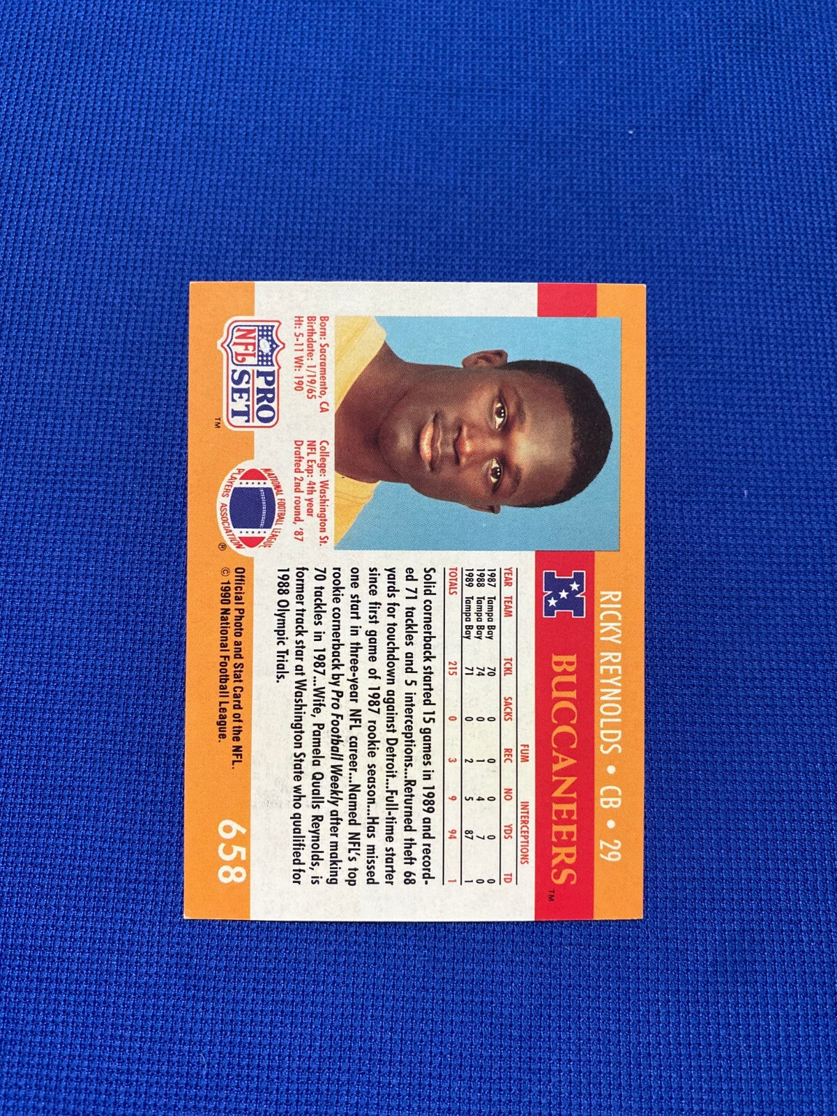 1990 PRO SET RICKY REYNOLDS BUCCANEERS SIGNED AUTOGRAPHED AUTO CARD #658 W/COA