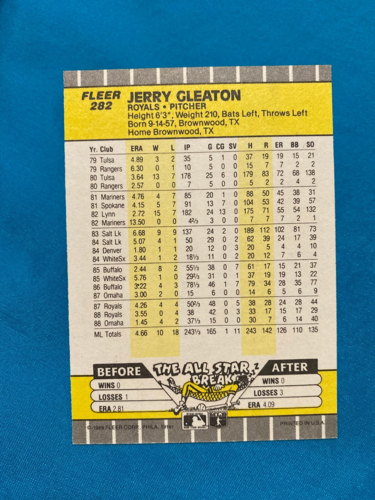 1989 FLEER JERRY DON CLEATON KANSAS CITY ROYALS SIGNED AUTO CARD #282 W/COA