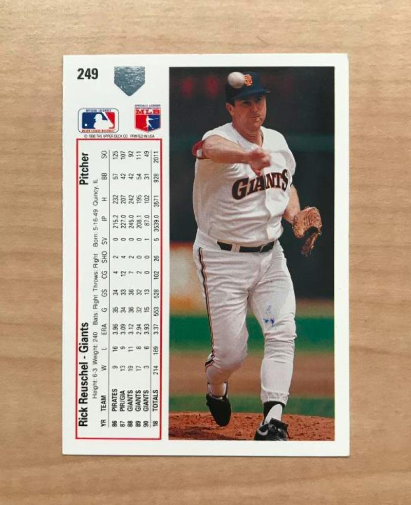 RICK REUSCHEL SAN FRANCISCO GIANTS AUTOGRAPHED 1991 UPPER DECK CARD #249 W/COA
