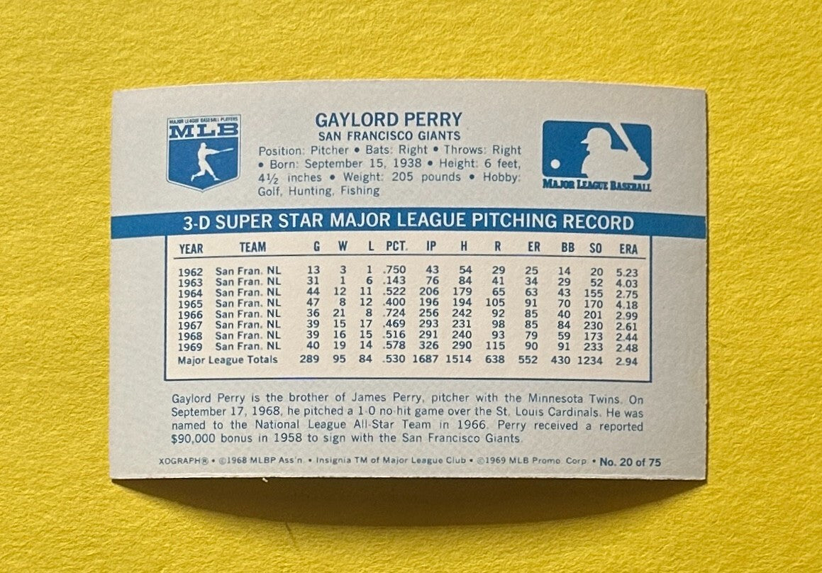 1970 KELLOGG'S 3-D GAYLORD PERRY #20 GIANTS HOF
