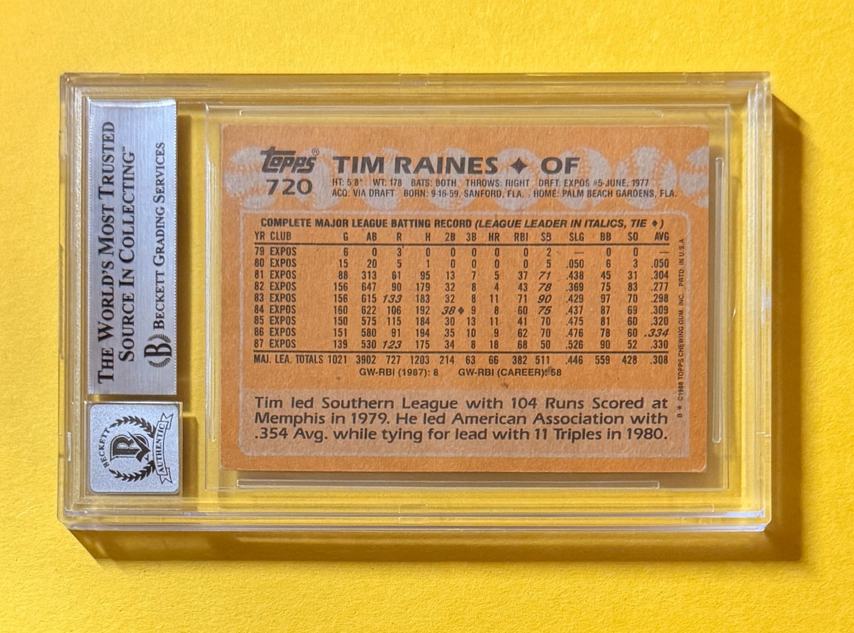 1988 TOPPS TIM RAINES #720 SIGNED AUTO CARD BECKETT 10 AUTHENTIC EXPOS HOF