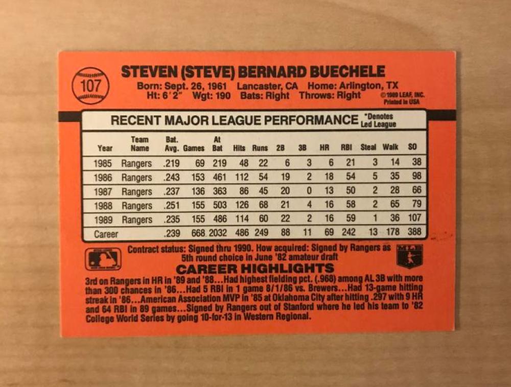 STEVE BUECHELE TEXAS RANGERS SIGNED AUTOGRPAHED 1990 DONRUSS CARD #107 W/COA