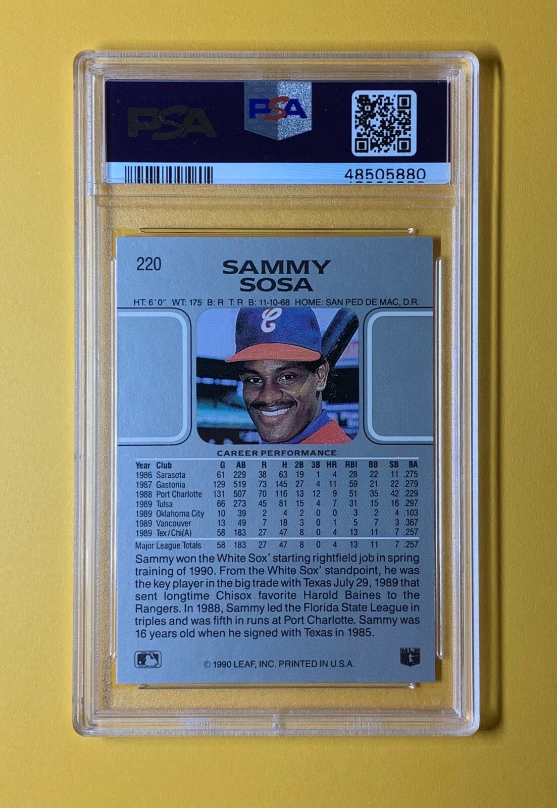 1990 LEAF SAMMY SOSA WHITE SOX #220 ROOKIE NM-MT PSA 8