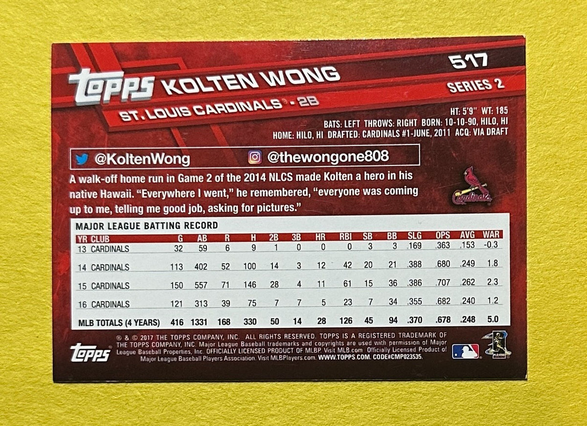 2017 TOPPS KOLTEN WONG SIGNED AUTOGRAPH CARD W/ COA #517 CARDINALS