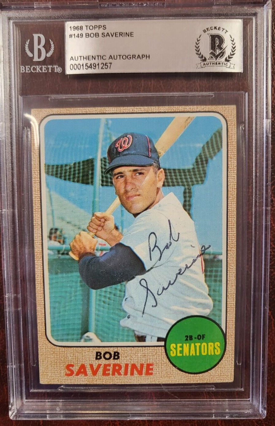 1968 TOPPS BOB SAVERINE SENATORS SIGNED AUTOGRAPH #149 CARD BECKETT AUTHENTIC