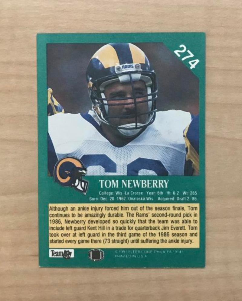 TOM NEWBERRY LOS ANGELES RAMS SIGNED AUTOGRAPHED 1991 FLEER CARD #274 W/COA