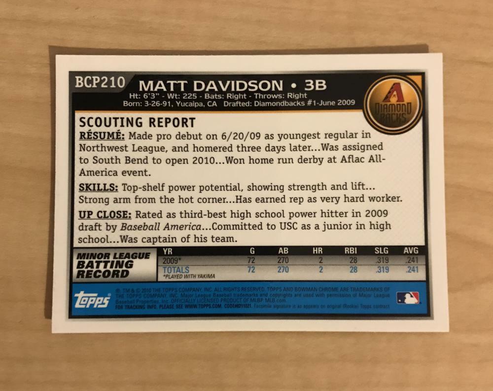 MATT DAVIDSON ARIZONA DIAMONDBACKS SIGNED 2010 BOWMAN CHROME CARD #BCP210 W/COA