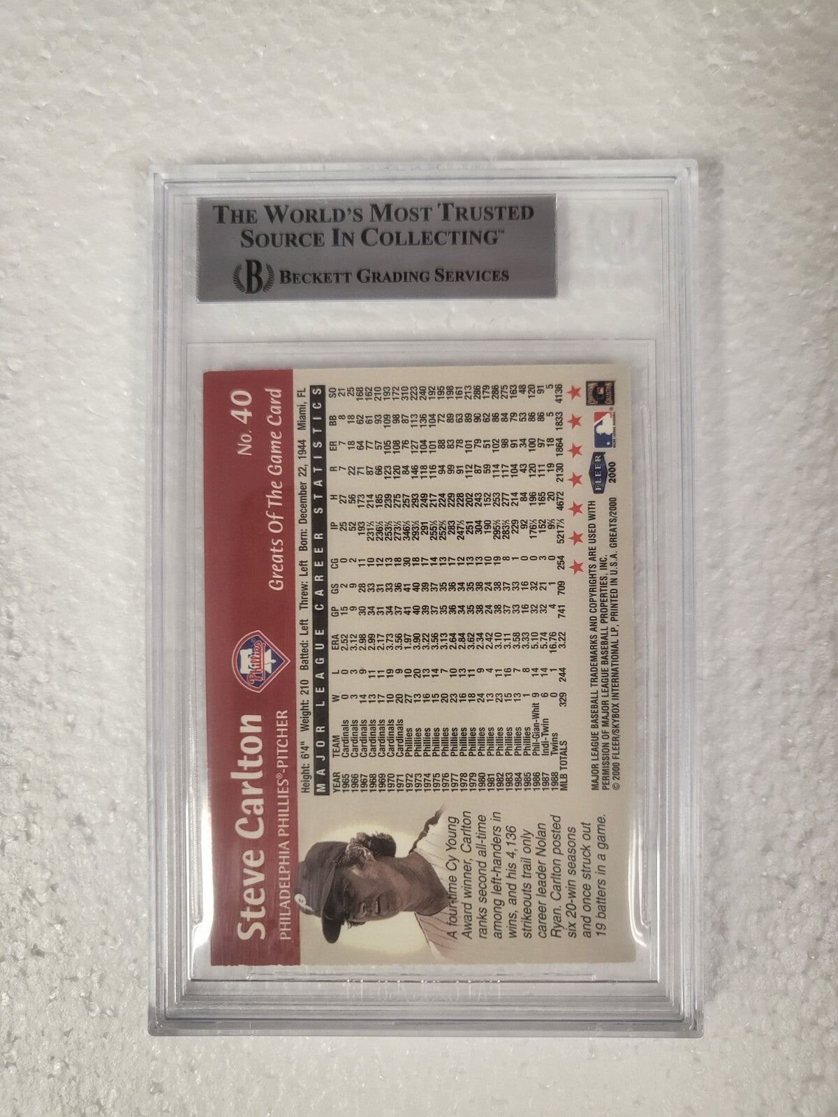 2000 GREATS OF THE GAME STEVE CARLTON PHILLIES SIGNED AUTOGRAPH CARD #40 BECKETT
