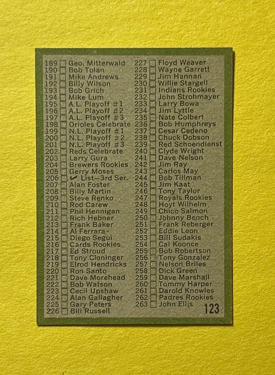 1971 TOPPS 2ND SERIES CHECKLIST #123 UNMARKED