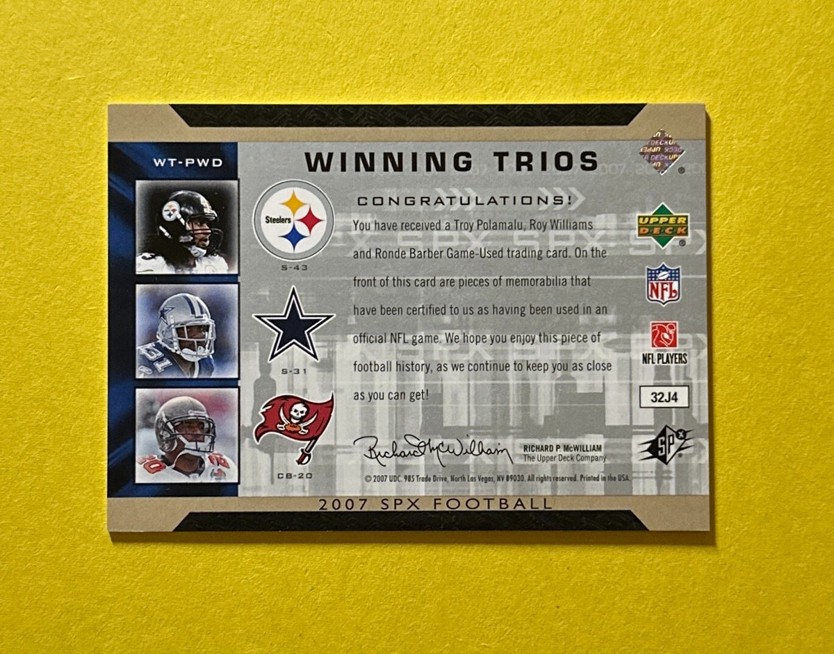 2007 UPPER DECK SPX FOOTBALL POLAMALU WILLIAMS BARBER TRIPLE RELIC #WT-PWD
