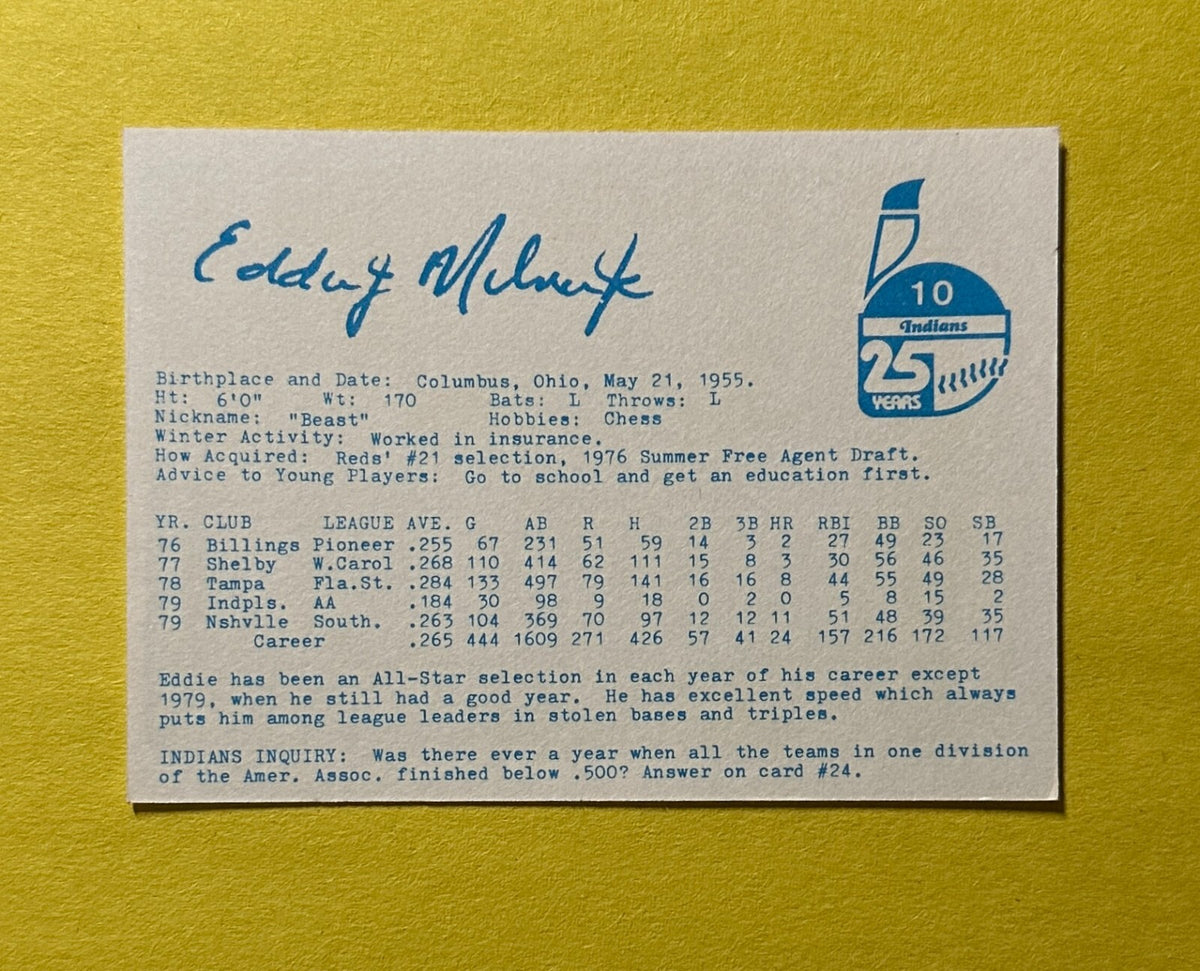 1980 INDIANAPOLIS EDDIE MILNER #10 BASEBALL CARD