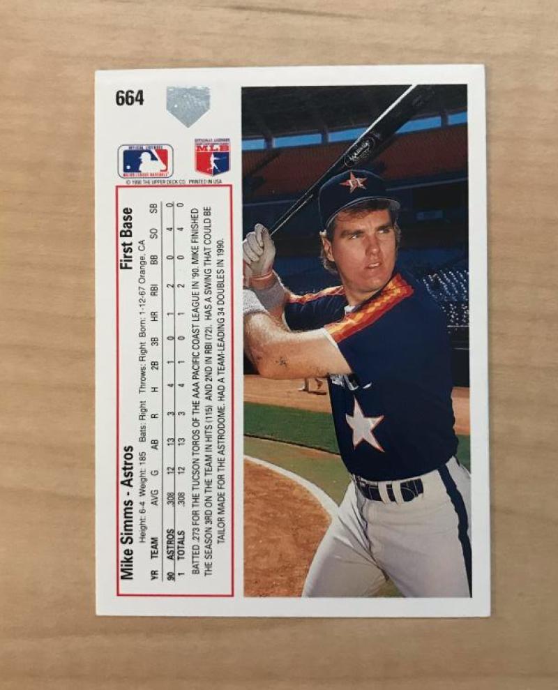 MIKE SIMMS HOUSTON ASTROS SIGNED AUTOGRAPHED 1991 UPPER DECK CARD #664 W/COA
