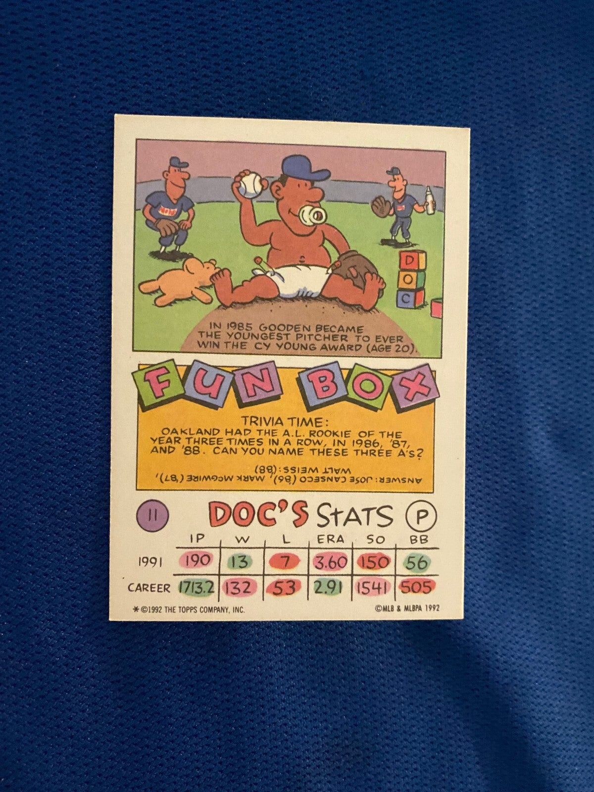1992 TOPPS DWIGHT GOODEN NEW YORK METS FUN BOX SIGNED AUTOGRAPHED CARD W/COA