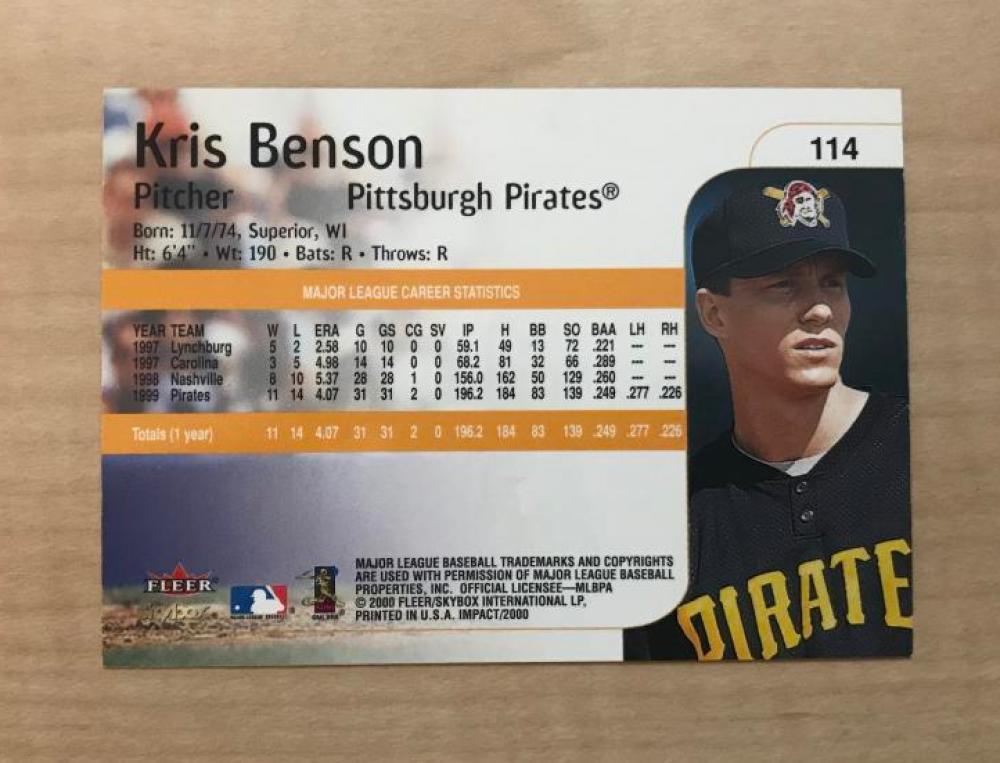 KRIS BENSON PITTSBURGH PIRATES SIGNED 2000 FLEER IMPACT CARD #114 W/COA