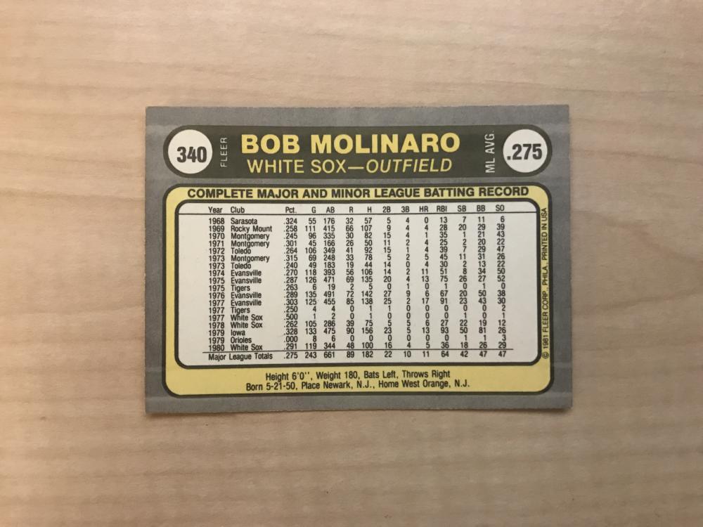 BOB MOLINARO CHICAGO WHITE SOX SIGNED AUTOGRAPHED 1981 FLEER CARD #340 W/COA