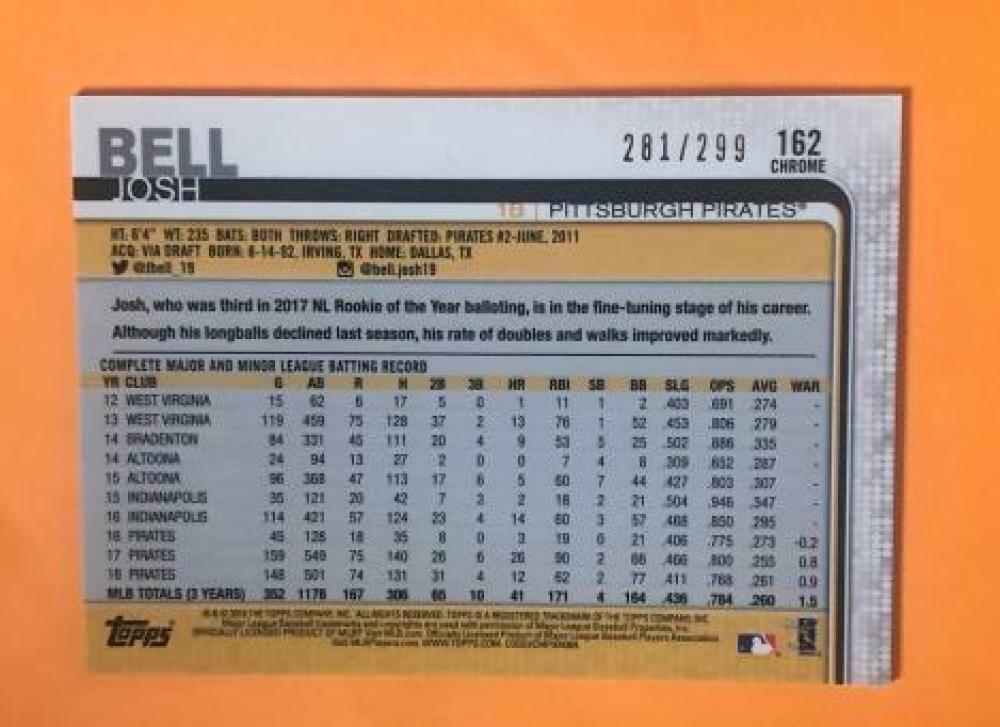 2019 TOPPS CHROME PURPLE JOSH BELL PIRATES #162 281/299