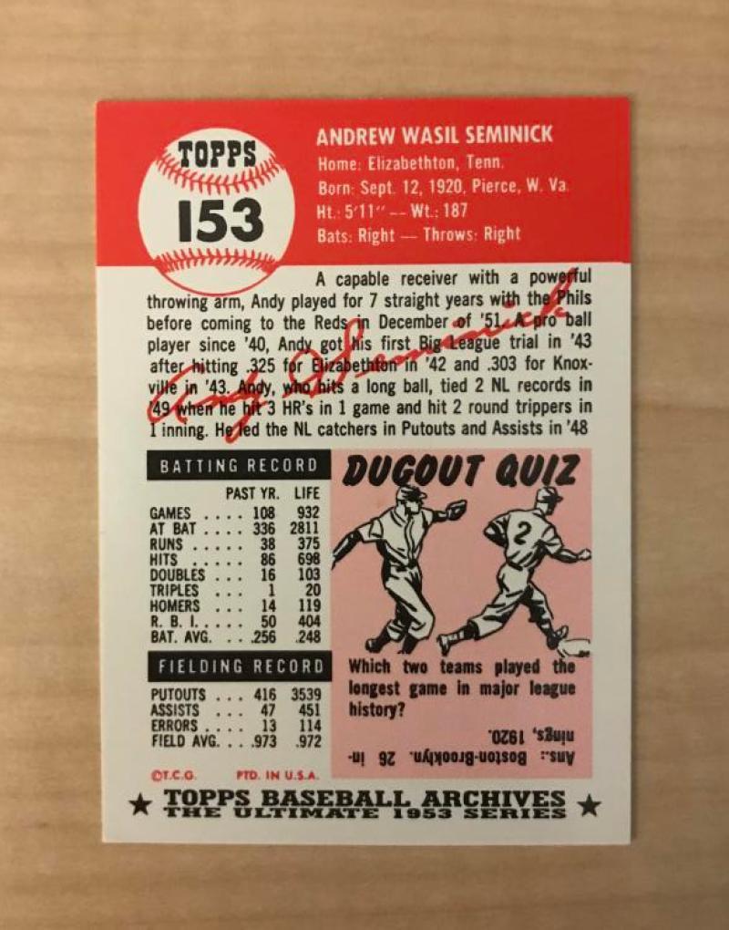ANDY SEMINICK CINCINNATI REDS SIGNED DECEASED TOPPS ARCHIVES CARD #153 W/COA