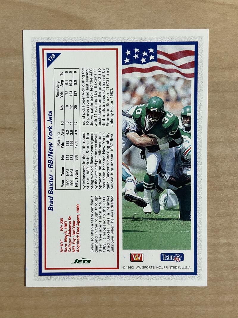 BRAD BAXTER NEW YORK JETS SIGNED AUTOGRAPHED 1992 AW CARD #178 W/COA